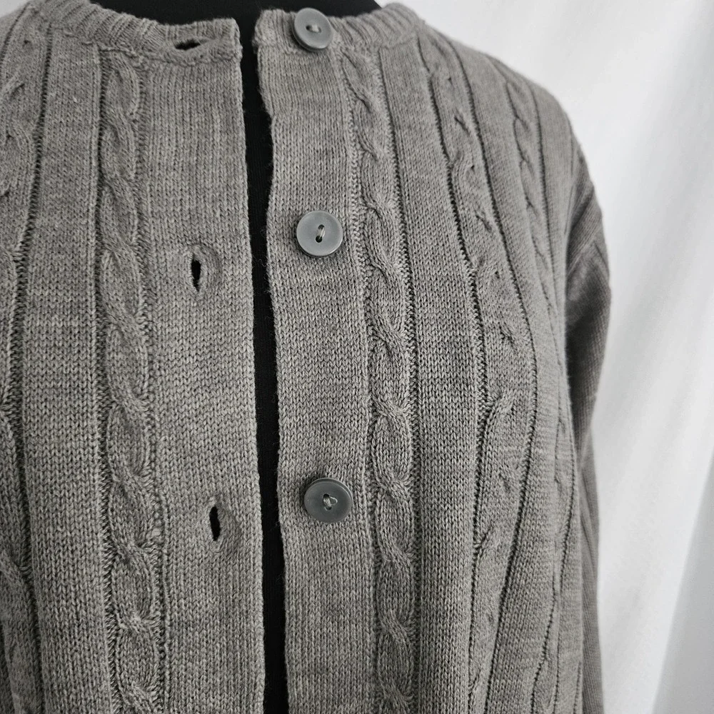 Womens Grey Cable Knit‎ Button Front Cardigan Sweater Large Layering Minimalist